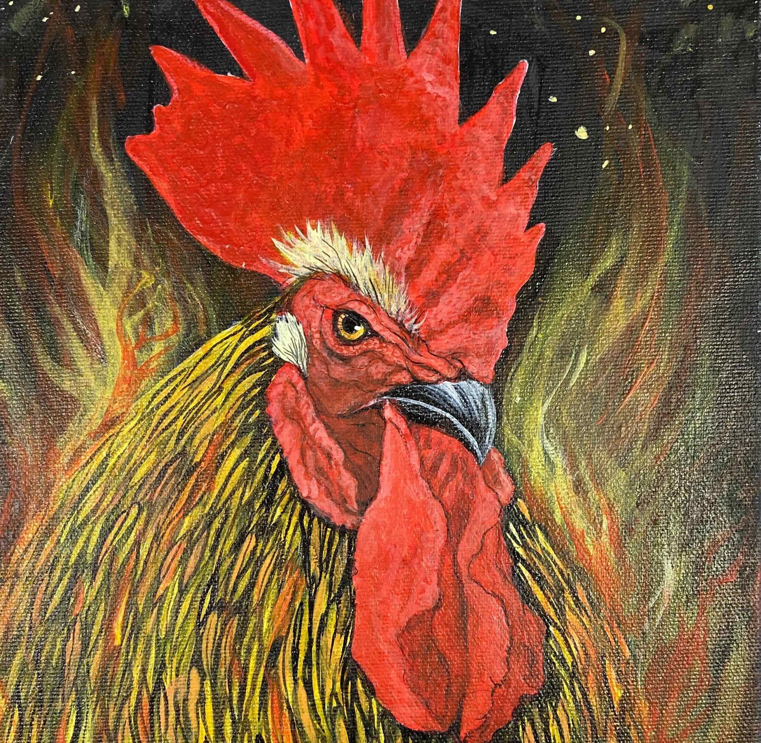A painting of a rooster against a dark, flame-like background features feathers on the bird the colour of fire.