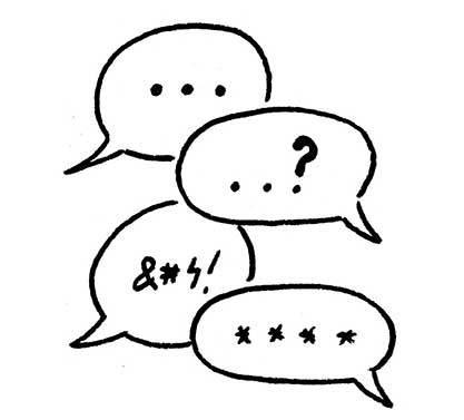 An illustration of four speech bubbles stacked on top of each other, each with various punctuation marks and symbols to communicate a dialogue in which both sides are not understanding each other.