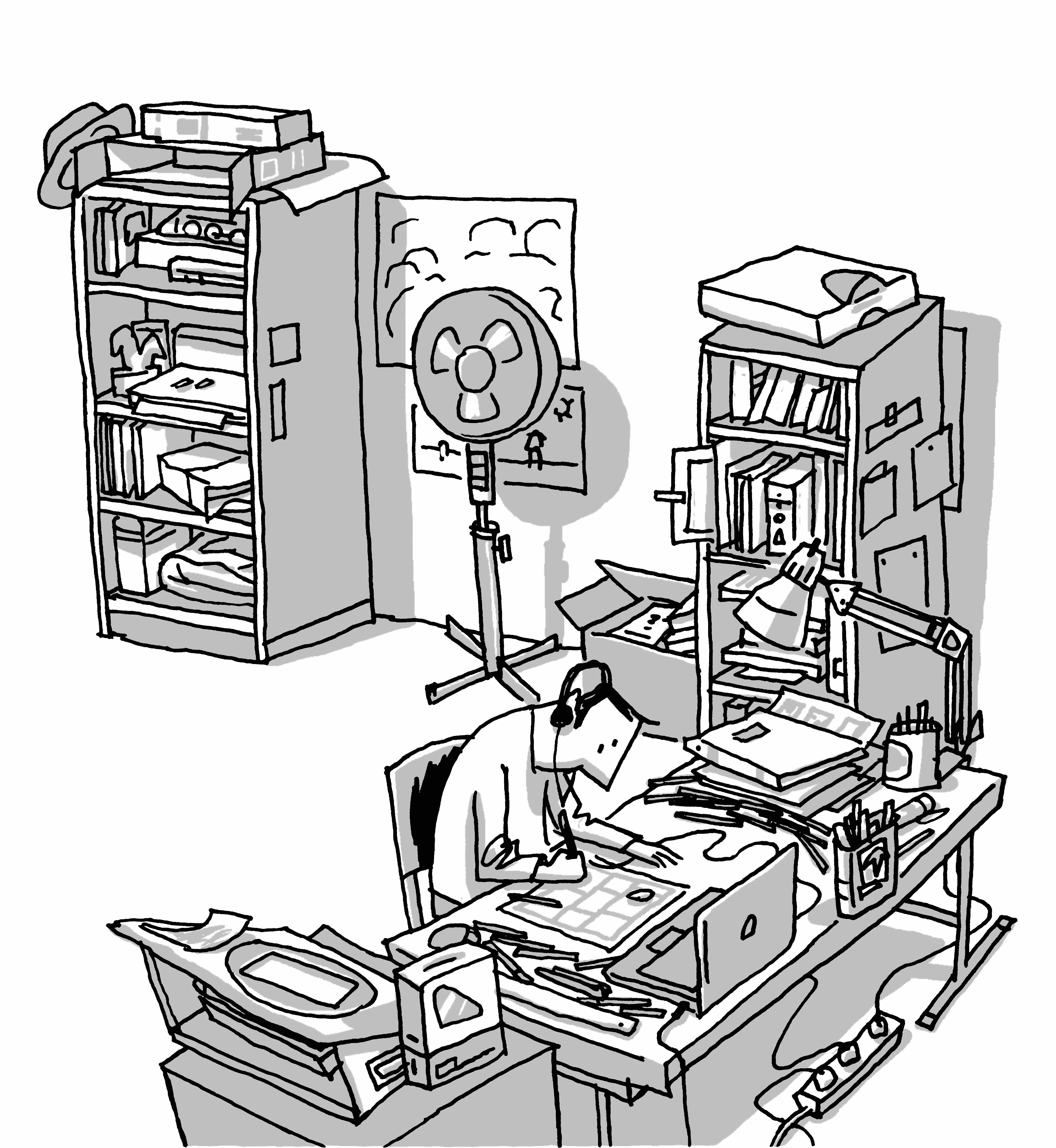 A black and white cartoon illustration of Guy Delisle, a man with a pale skin tone and short dark hair, at his desk. He is drawing in a comic panel and wearing headphones. Around him are cluttered bookshelves and a laptop computer.