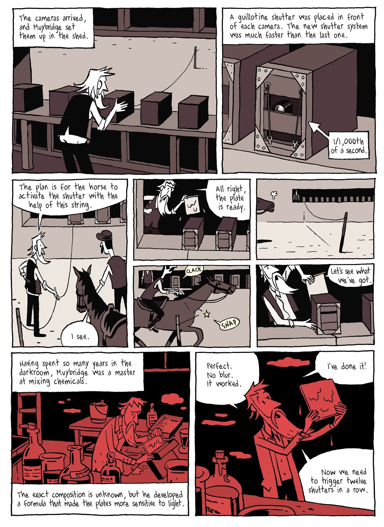 A graphic novel excerpt in black and white features two panels in red and black. They depict Eadweard Muybridge’s early work in photographing the cycle of a galloping horse.