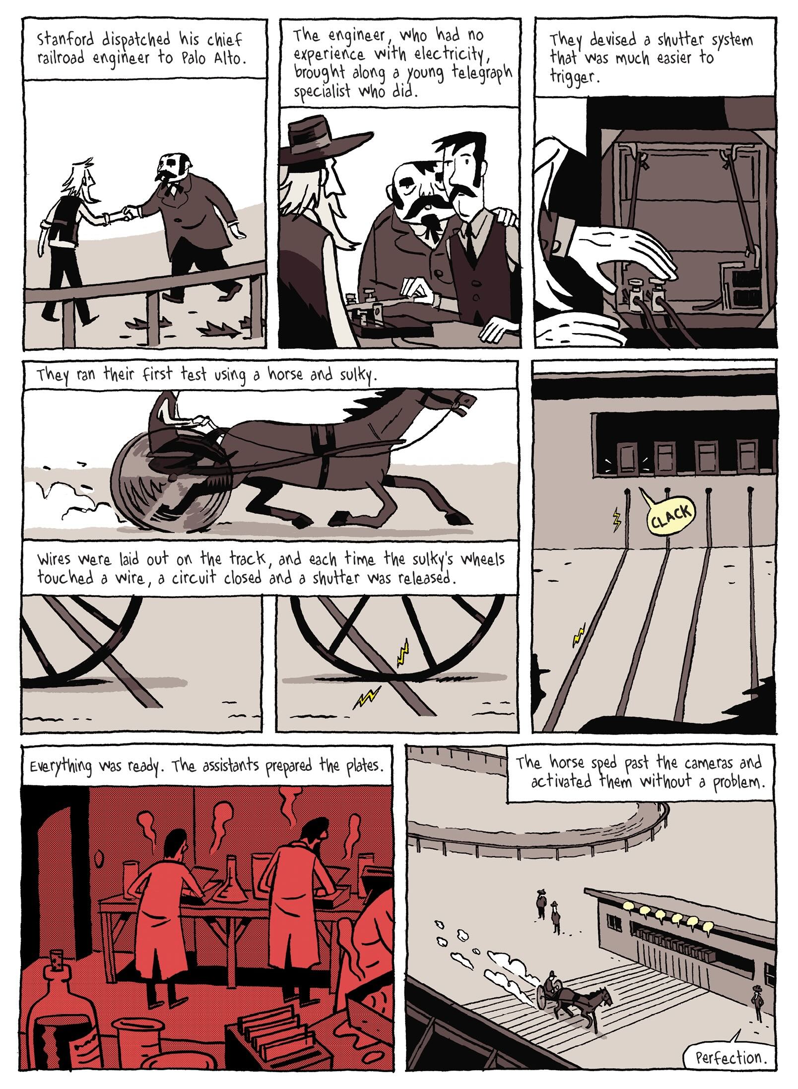 A graphic novel excerpt in black and white features one panel in red and black. They depict Eadweard Muybridge working with people to devise a camera shutter system to accurately capture a horse in motion.