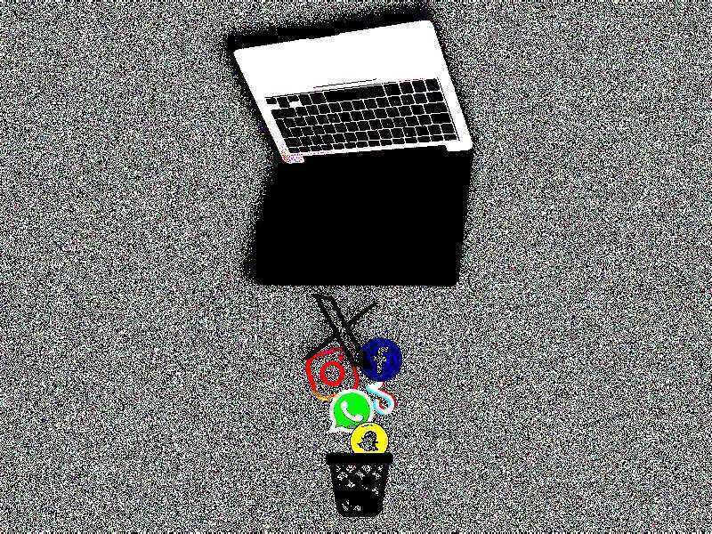 A digital illustration of a laptop upside down and against a grainy grey background. The laptop is emptying a variety of social media logos into a wastebasket.