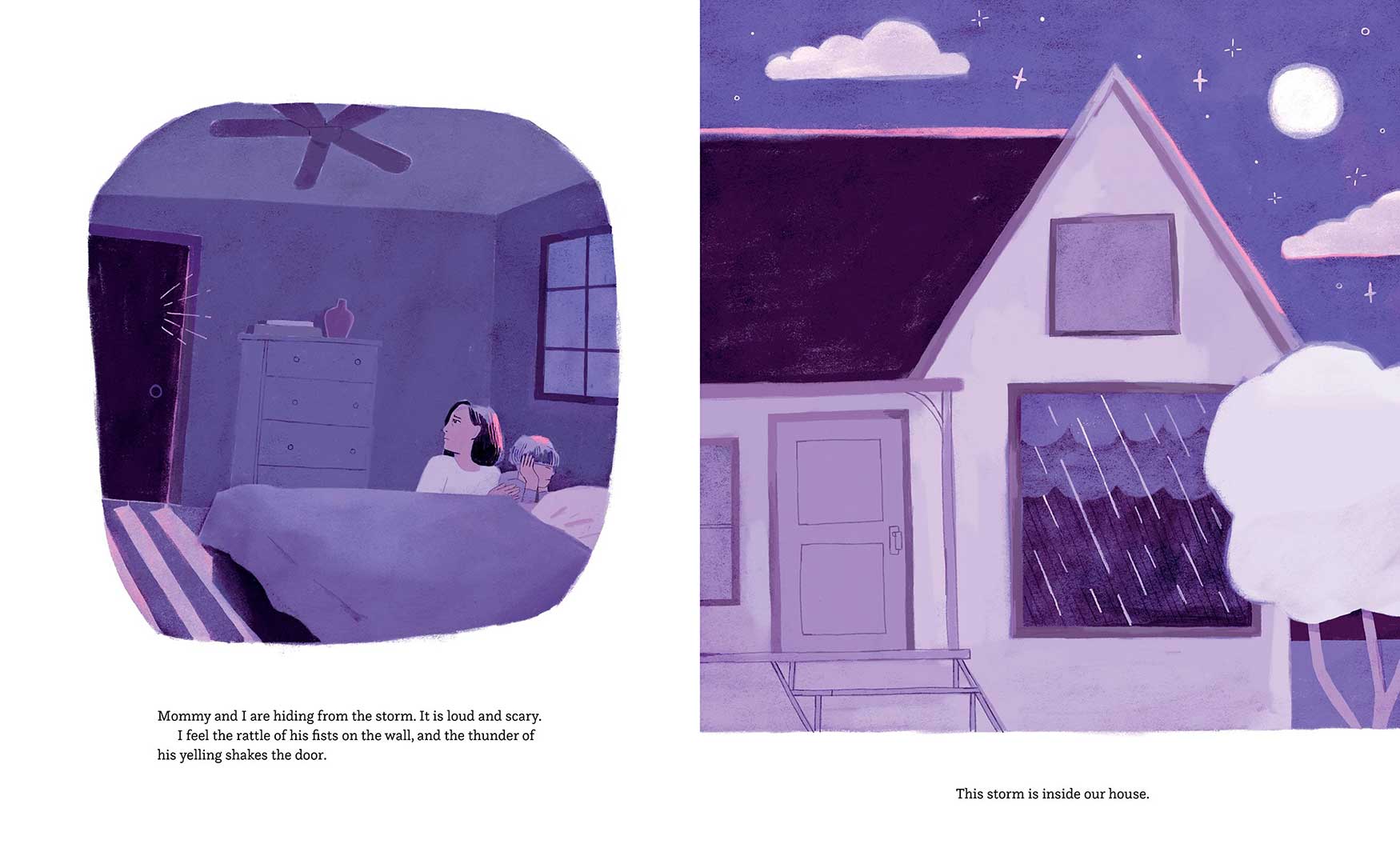 A two-panel watercolour illustration uses purple and blue colourways. On the left a young child is crouched with their hands over their ears beside a bed while their mother protects them. On the right is an illustration of the exterior of a house; a storm is illustrated inside the main window. Below the images are two short passages of text.