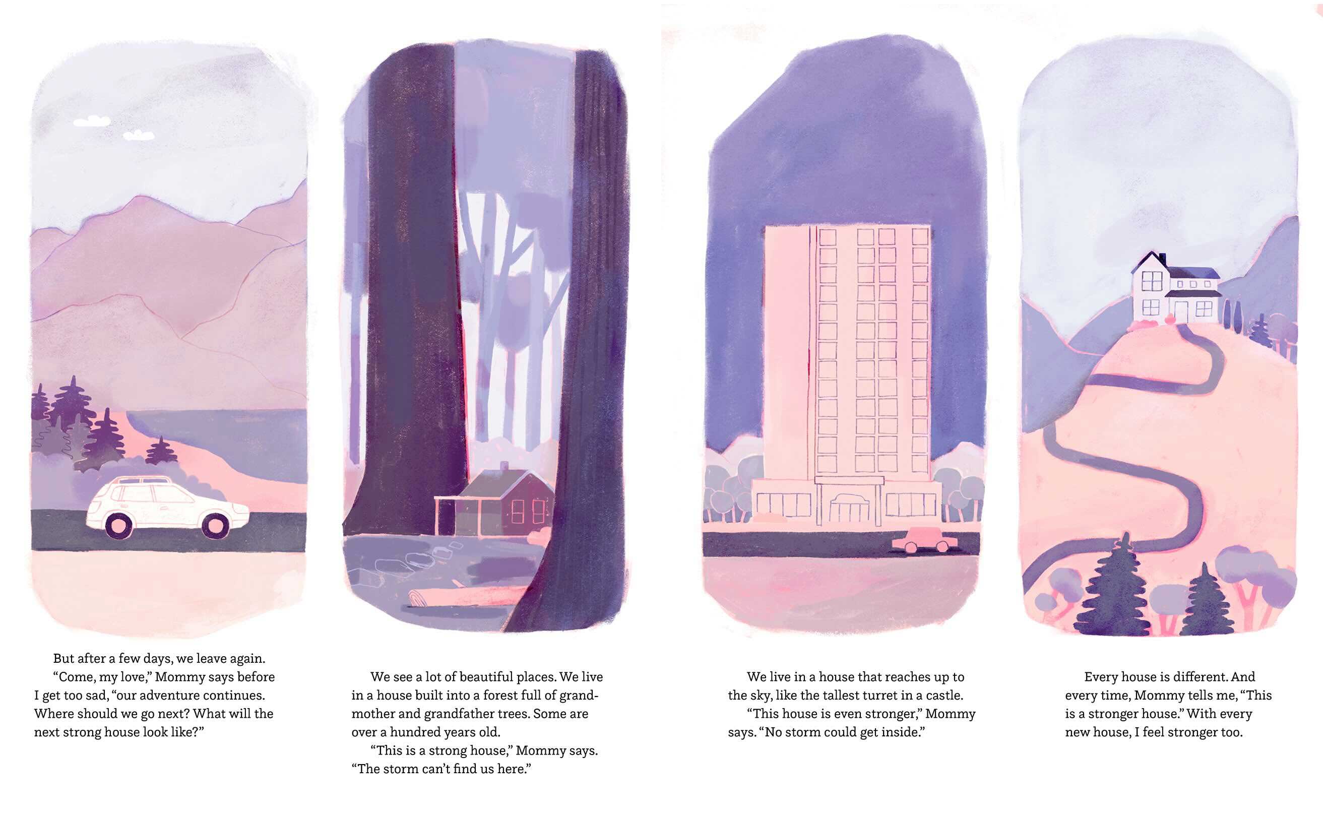 A four-panel image features four vertical watercolour illustrations in blue, pink and purple against a white background, each depicting different homes a mother and son have travelled to in search of safety. Accompanying text is below each illustration.