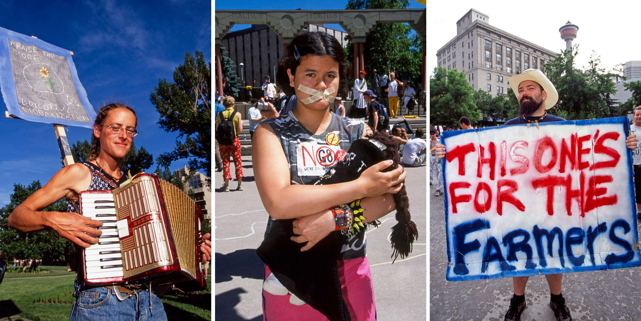 Top: a group of protesters are dressed in matching costumes. They are wearing dark shorts, striped soccer socks and white jerseys bearing the flag of a participating country in the G8 summit. Each person i s wearing a large mask featuring a caricature of the leader of each country. Bottom: a three-panel image features individual portraits of protesters at the G8 summit. The person on the left is holding an accordion; the person in the middle is holding a brown handmade doll; the person on the right is holding a sign that says “This one is for the farmers.”