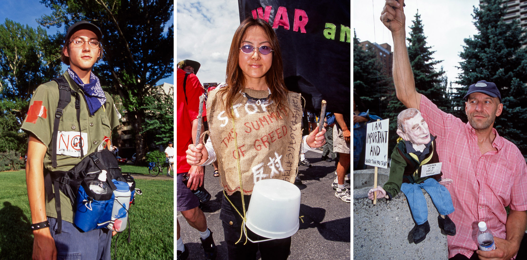 A three-panel image features, at left, a person in glasses and an olive-green button-down shirt with a red first aid symbol taped to the arm; at middle, a person wearing a burlap sack inscribed with protest slogans; at right, a person holding a marionette of George W. Bush. 