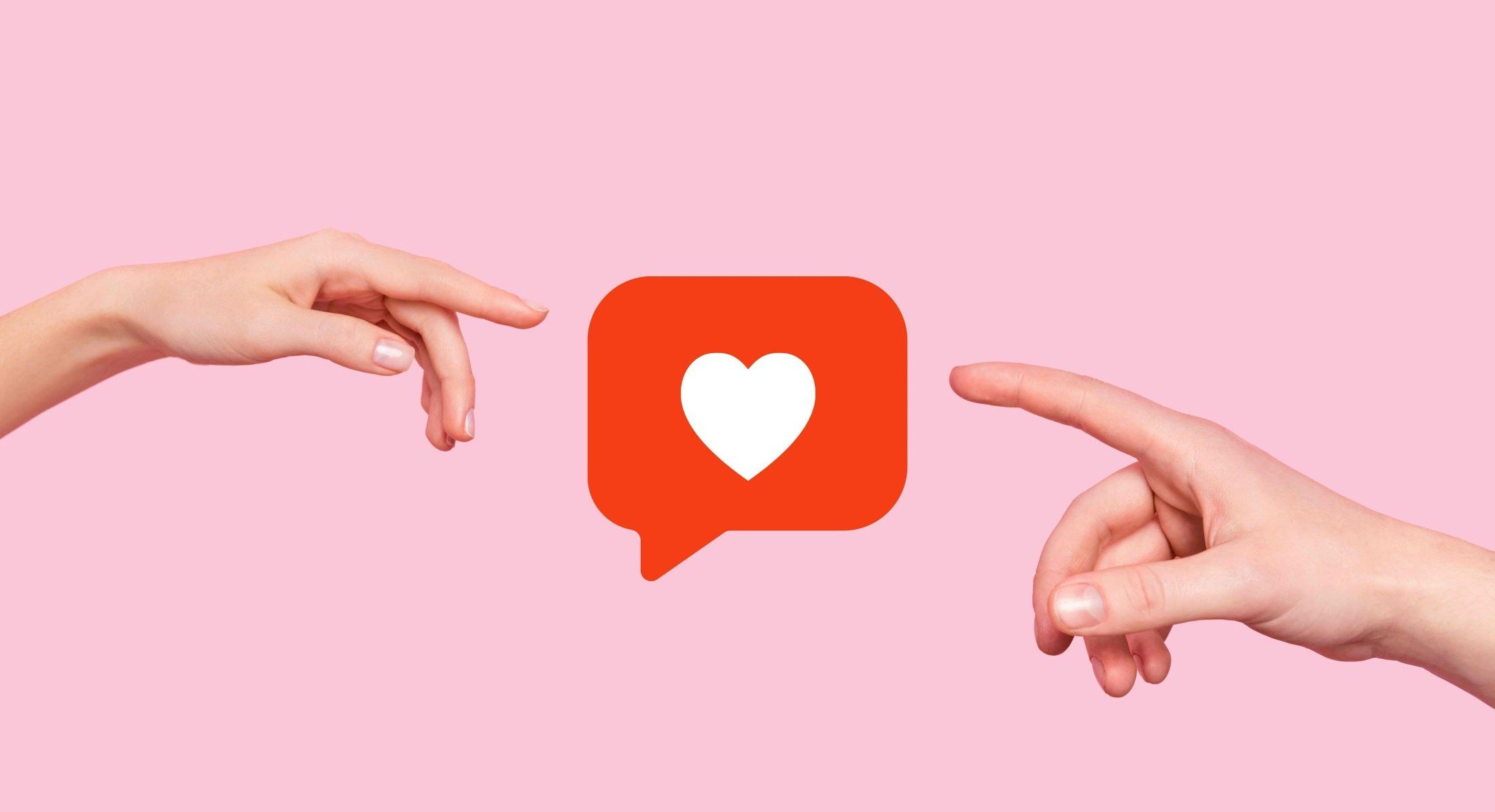 A digital illustration features two hands reaching for each other, with a white-coloured heart within a pink speech bubble between them, against a lilac background.