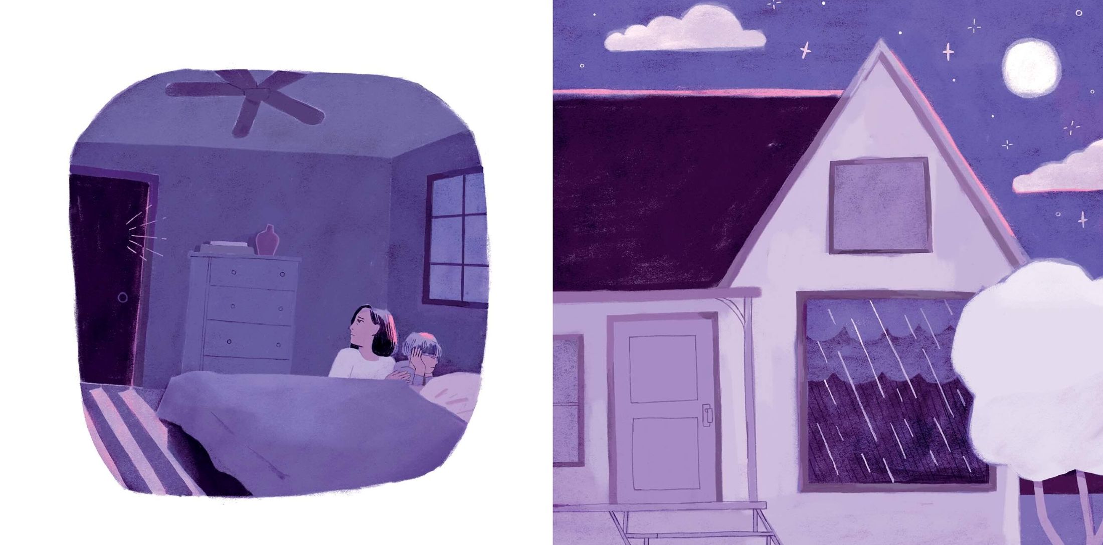 A two-panel watercolour illustration uses purple and blue colourways. On the left a young child is crouched with their hands over their ears beside a bed while their mother protects them. On the right is an illustration of the exterior of a house; a storm is illustrated inside the main window.