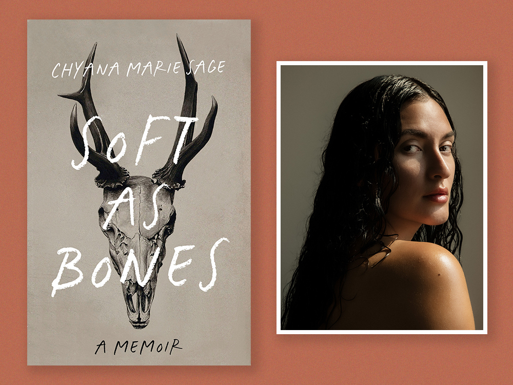 On the left, the book cover image for Chyana Marie Sage’s memoir Soft as Bones features an animal skull with antlers against a taupe background. On the right, Sage has her back turned and she is turning to look at the camera. She has long dark wavy hair and a medium skin tone. Her shoulder is bare. The two images are arranged against a terra cotta coloured background.