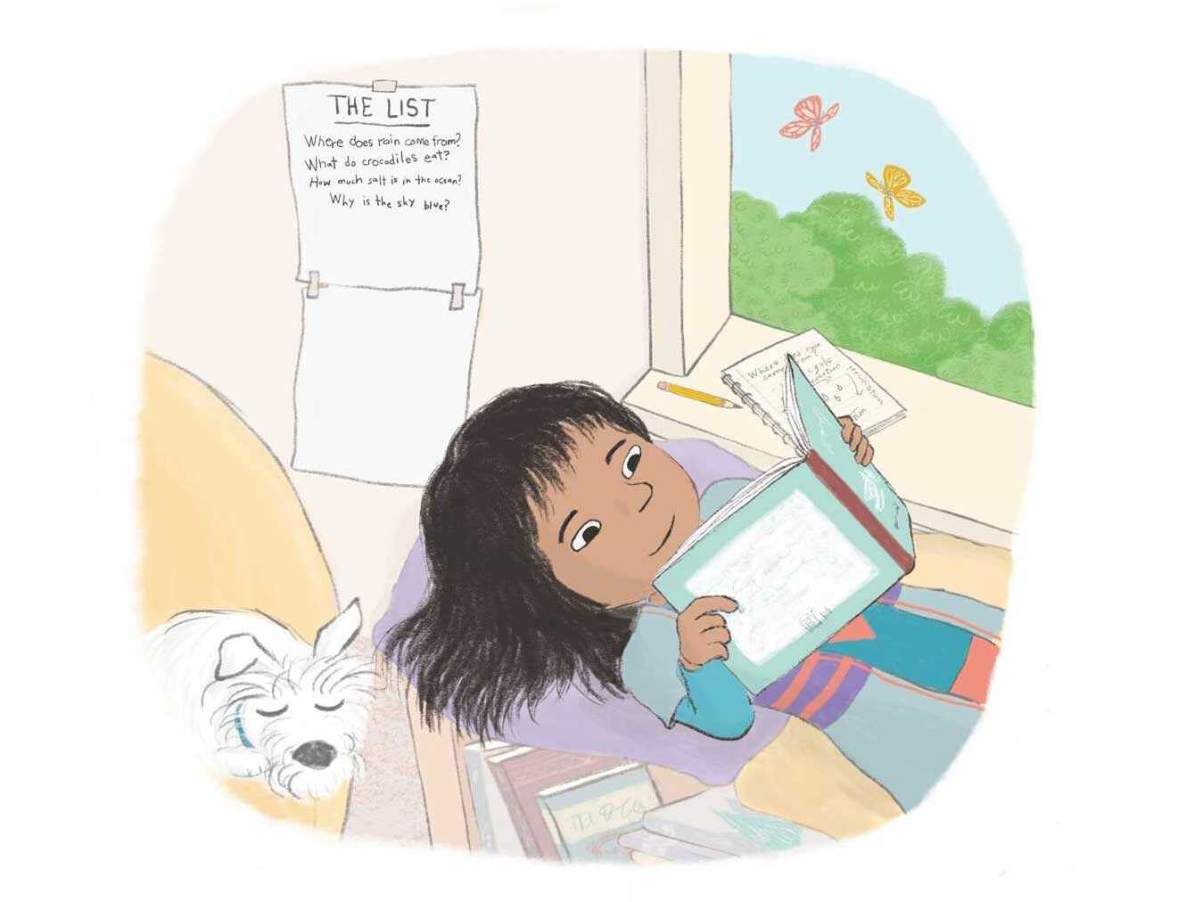 An illustration of a young girl with short dark hair and a medium skin tone lying on a purple cushion beside a sunny window, reading a book. Next to her is a small white dog, napping.