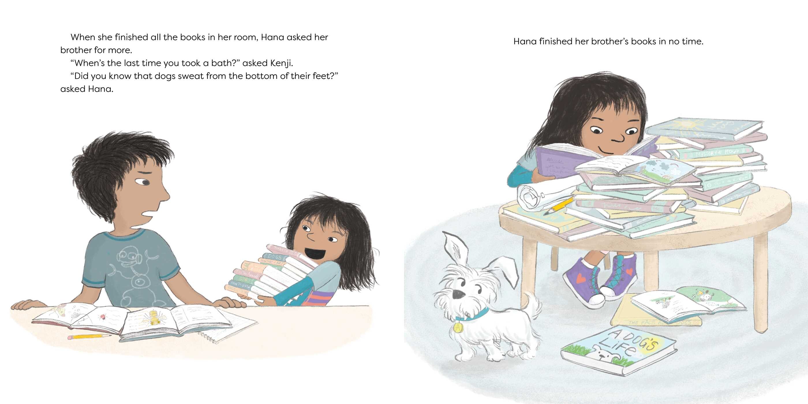A two-panel children’s book excerpt features a young girl interacting with her older brother, first at his desk and then at her own, which features piles of books that she is eagerly reading.