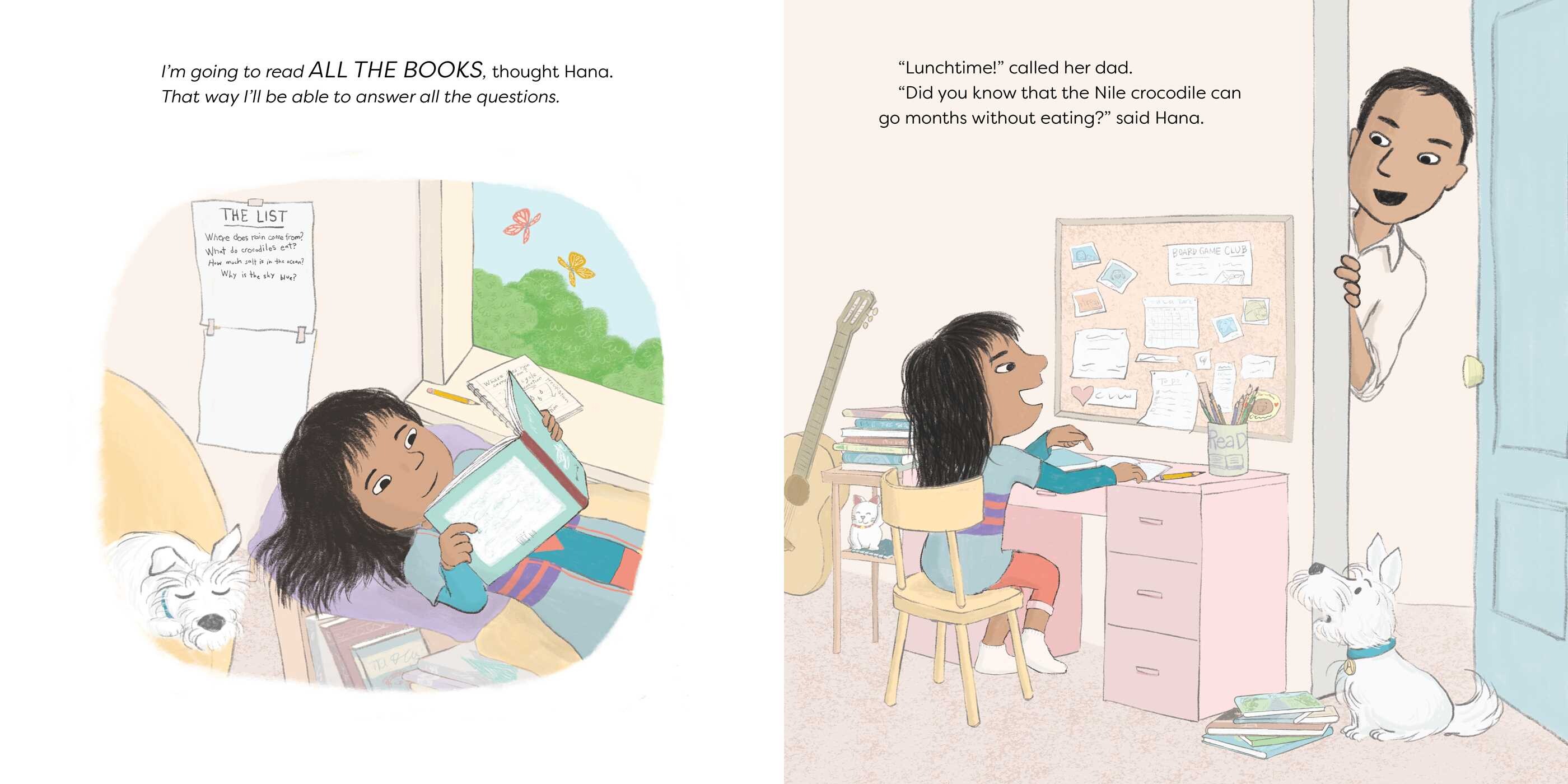 A two-panel children’s book excerpt features, at left, a young girl reading in her room with her dog, and on the right, the same girl sitting at her desk, interacting with her father who is standing at the bedroom door.