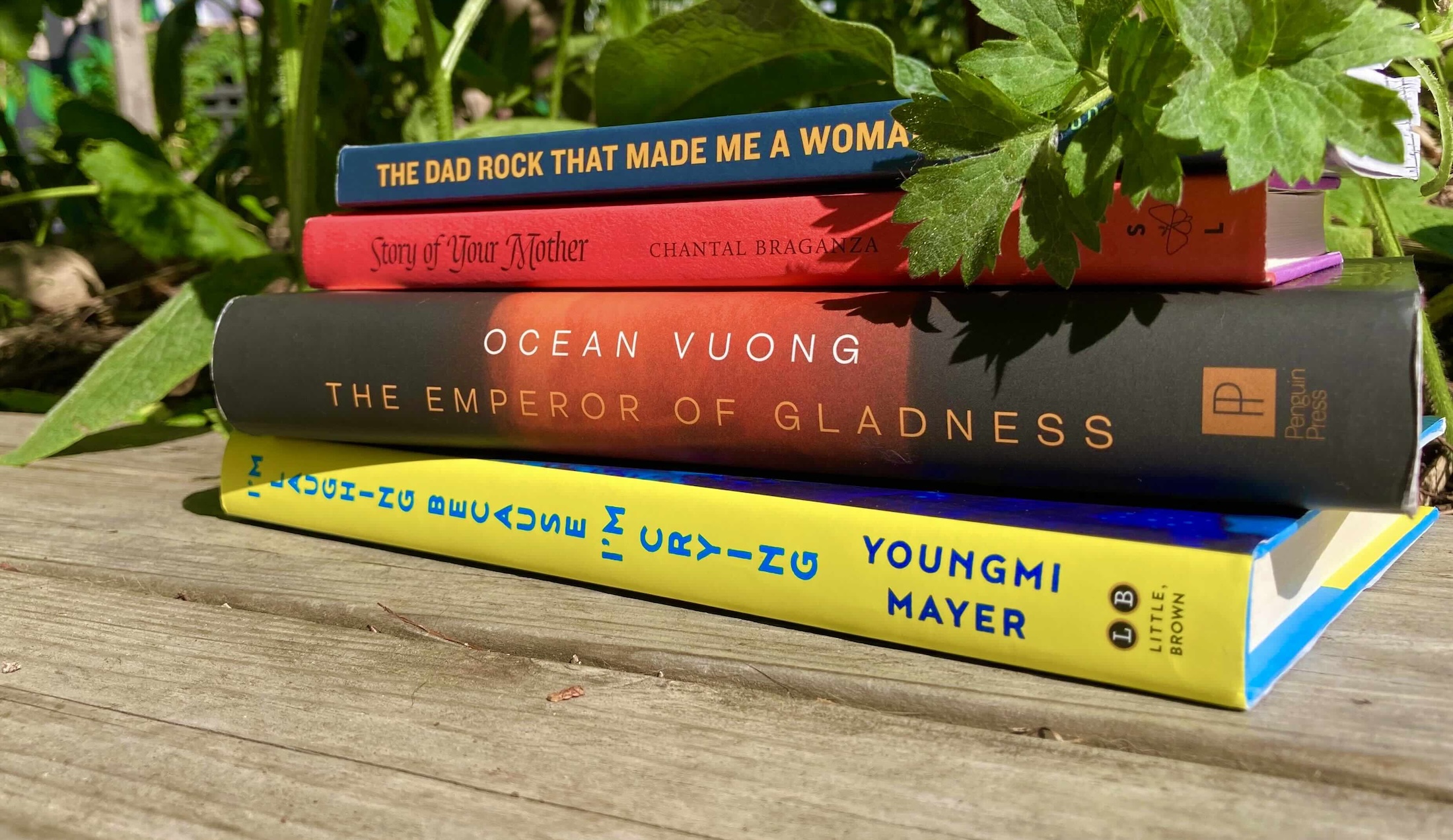 A stack of books on a table includes Chantal Braganza’s ‘Story of Your Mother,’ Niko Stratis’s ‘The Dad Rock that Made Me a Woman,’ Ocean Vuong’s ‘The Emperor of Gladness,’ and Youngmi Mayer’s ‘I’m Laughing Because I’m Crying.’