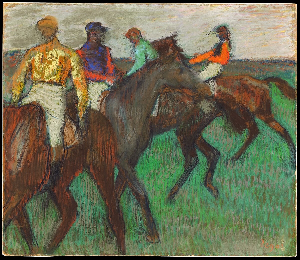A painting features four men on horseback wearing colourful jockey costumes.
