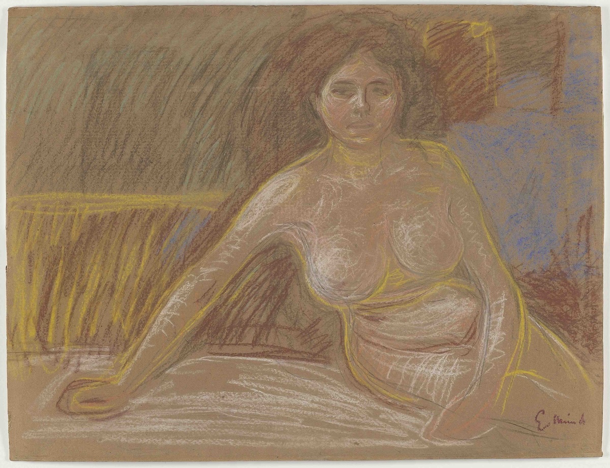 A pastel illustration features a nude woman with thick brown hair seated to the right of the frame.