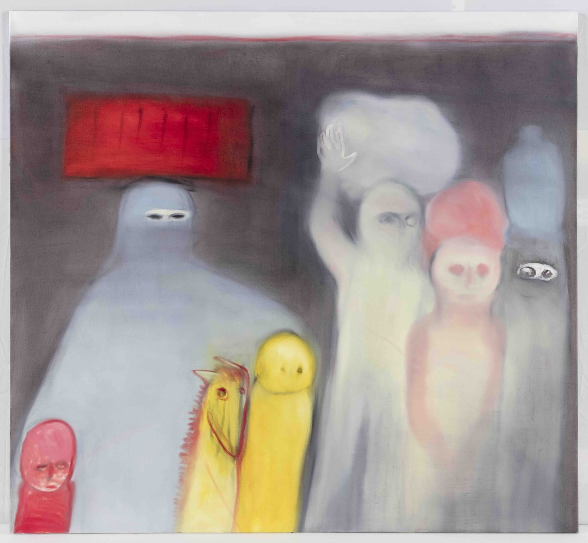 A pastel-coloured oil painting features several cartoonish figures in muted blue, red and yellow tones against a grey background. 