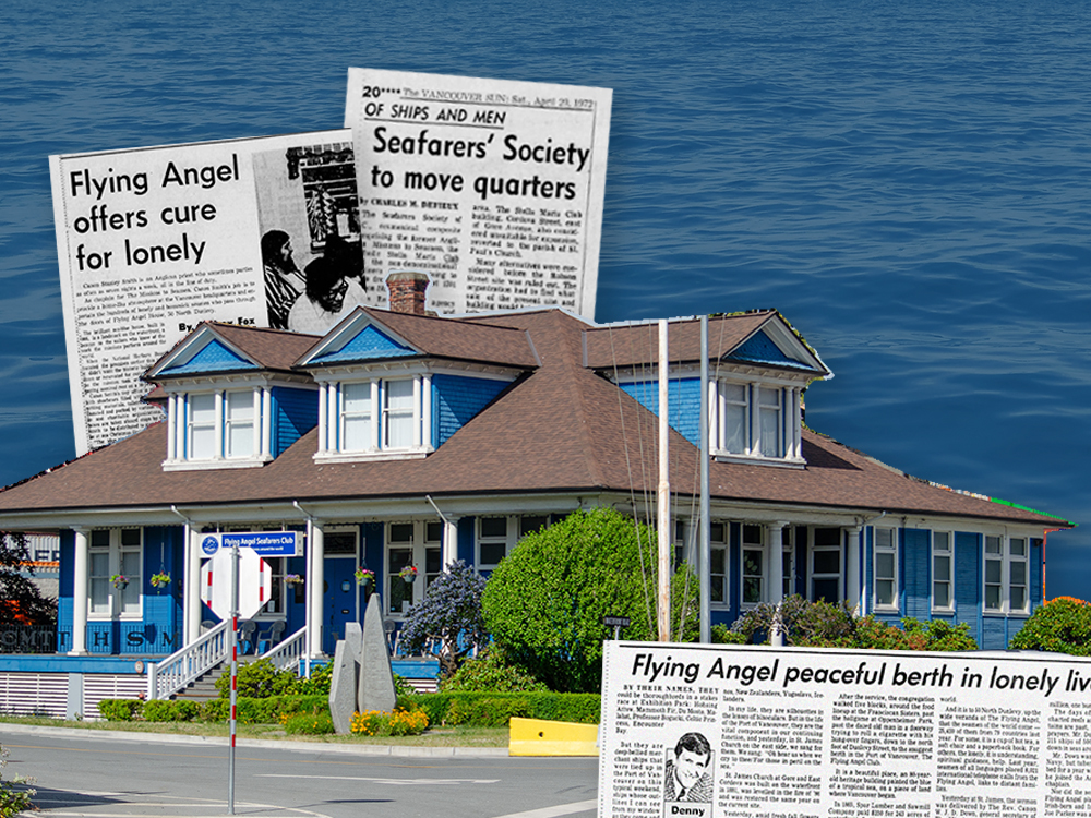 A blue two-storey house with gables. Behind the house, newspaper clippings read, ‘Flying Angels Offers Cure for Loneliness’ and ‘Seafarers’ society to move quarters.’