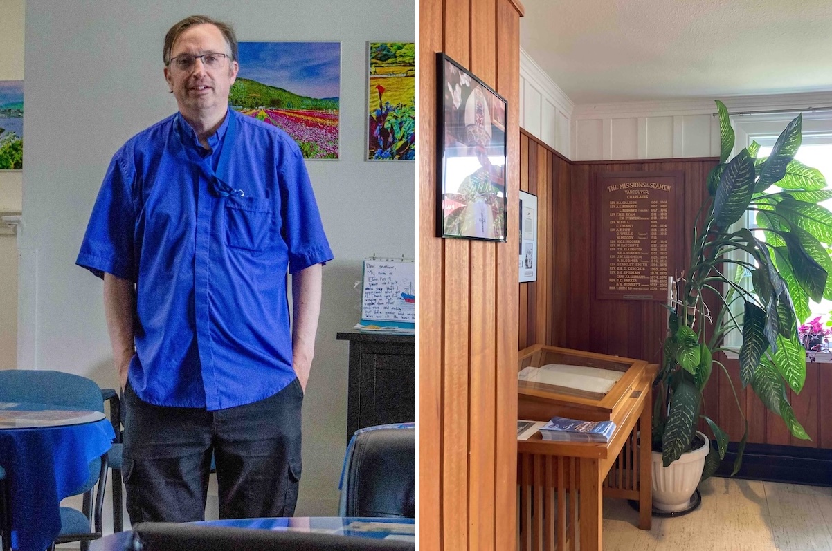 On the right, a photograph shows an interior room with wood panelling, a plant and a plaque listing past chaplains of the Mission to Seafarers. On the left, a light-skinned man with short brown hair and glasses wearing a bright blue shirt stands in a room with chairs and tables.