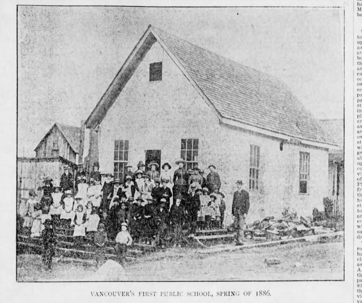 A grainy black and white newspaper photo shows a small schoolhouse with teachers and students standing in front.