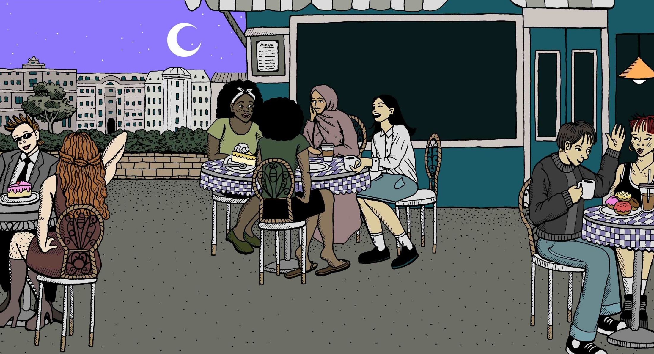 A digital illustration features three groups of people seated around small round tables outdoors at nighttime. They are dressed in casual streetwear and seated around tables featuring slices of cake, pastries and cups of tea and coffee.