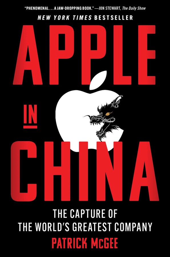 The book cover image for Patrick McGee’s ‘Apple in China: The Capture of the World’s Greatest Company’ features white sans-serif text against a black background. A digital illustration of a black dragon is inside the white Apple logo.