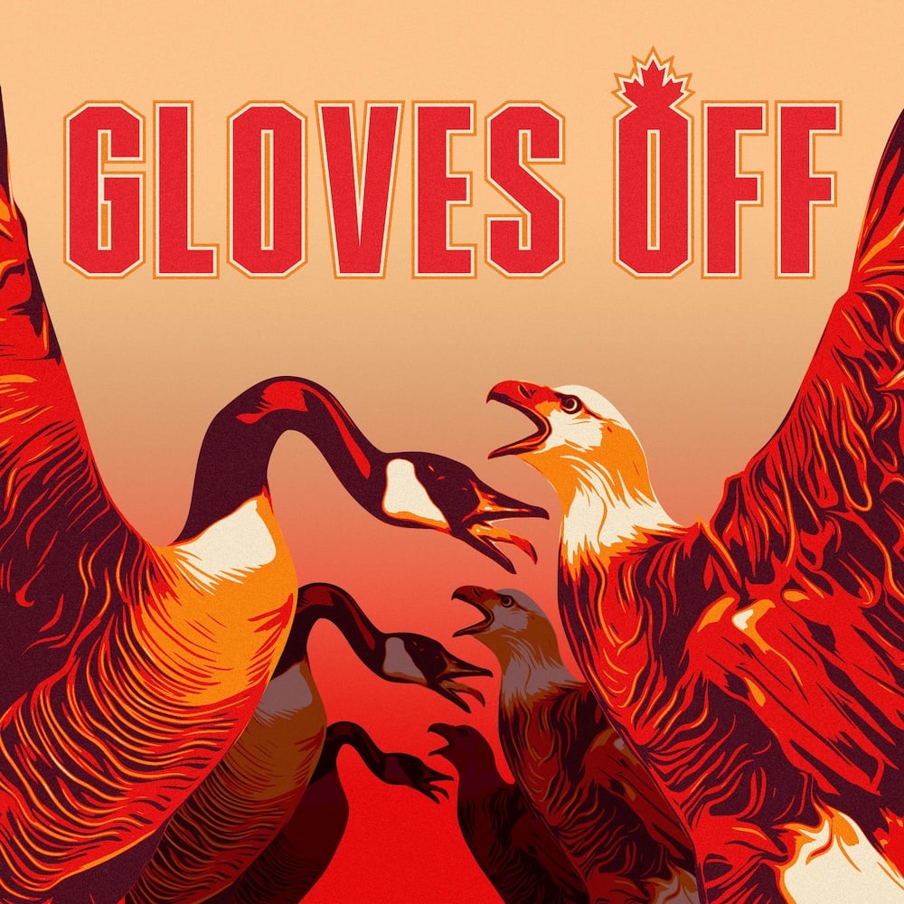 An illustration titled ‘GLOVES OFF’ show three Canada geese on the left facing off against three bald eagles on the right, in red and orange colourways.