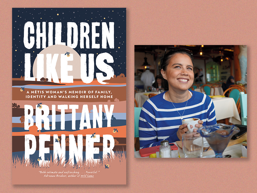 A diptych shows the cover of &lsquo;Children Like Us&rsquo; on the left and an author photo of Brittany Penner on the right. Penner has medium-light skin tone and long dark hair pulled back into a ponytail. She is wearing a blue and white striped sweater and holding a coffee mug.