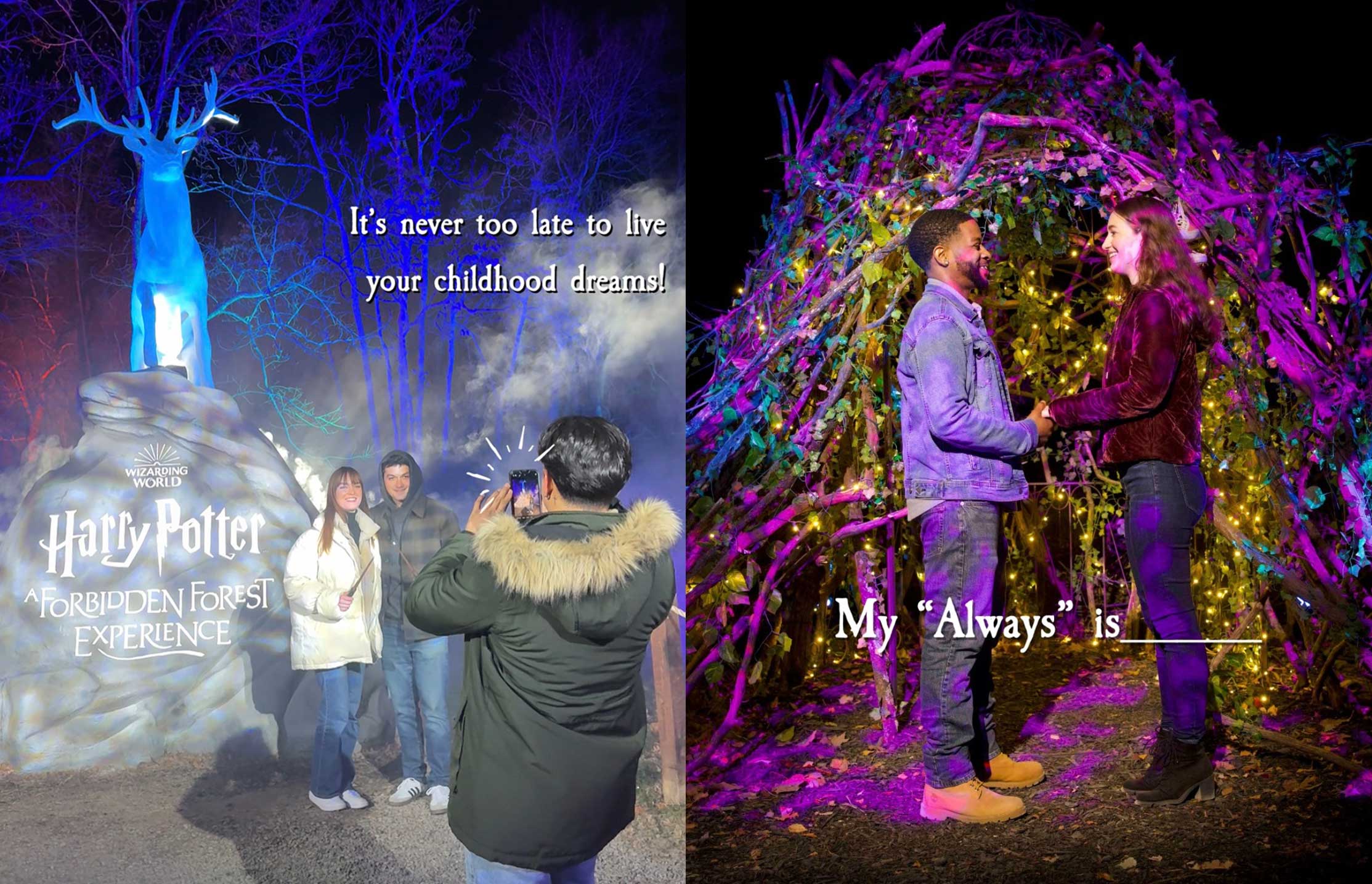 On the left, an Instagram slide reads, &lsquo;It&rsquo;s never too late to live your childhood dreams!&rsquo; as a person takes a photo of a couple at the Harry Potter forest experience. On the right, a couple poses, holding hands, with the tagline, &lsquo;My &ldquo;Always&rdquo; Is ________.&rsquo;