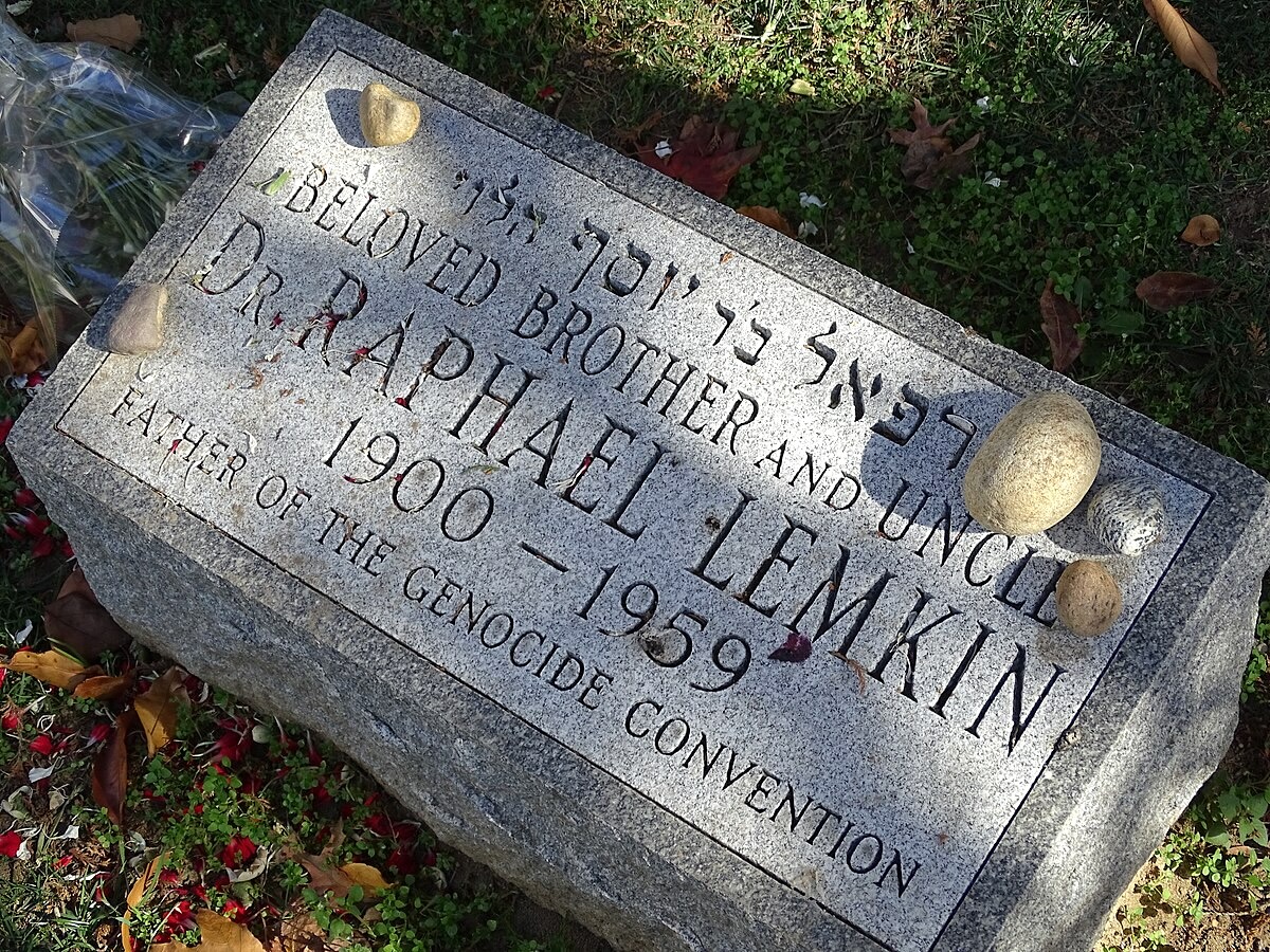 A gravestone reads &lsquo;Dr. Raphael Lemkin, 1900-1959. Beloved Brother and Uncle. Father of the Genocide Convention.&rsquo;