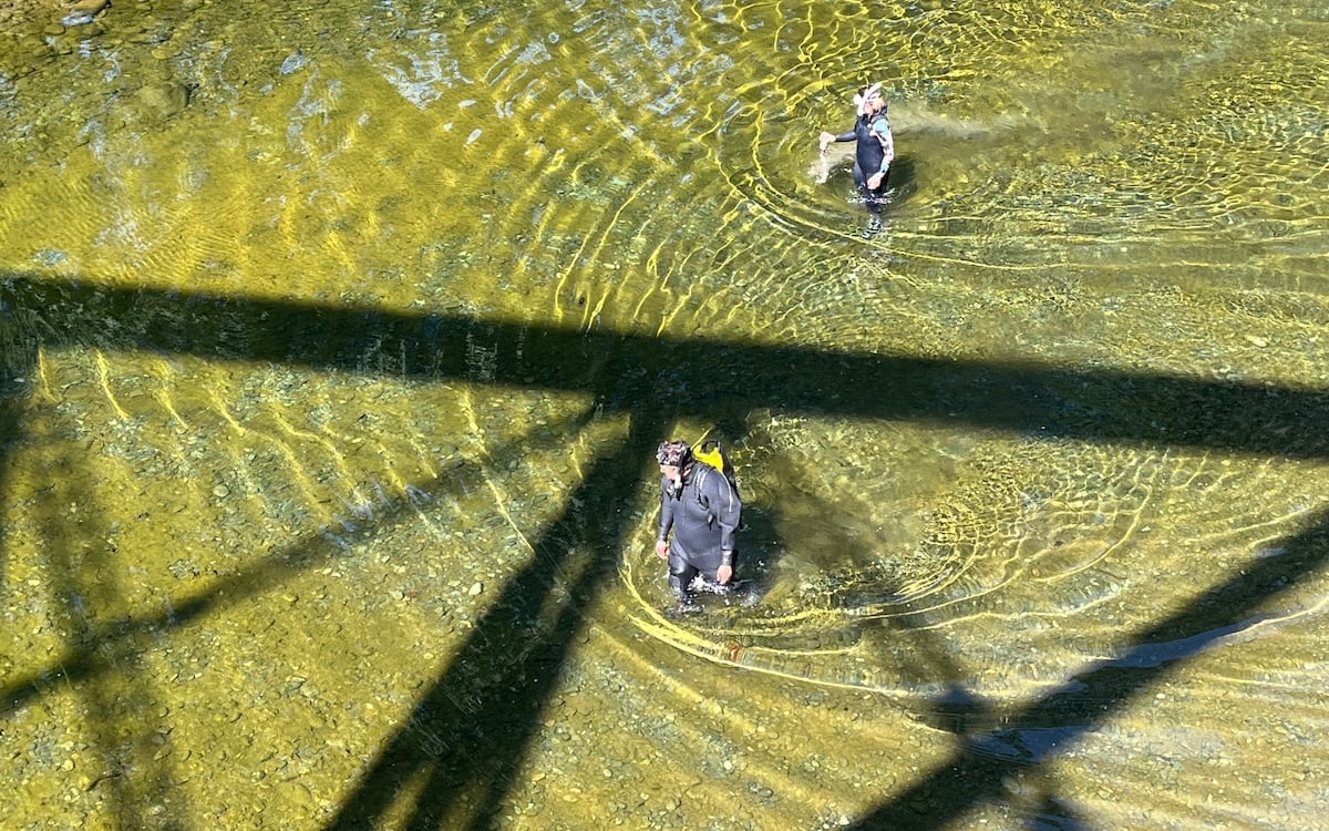 Two people wearing snorkel gear wade through calm river waters. The shadow of a metal bridge can be seen on the river below.