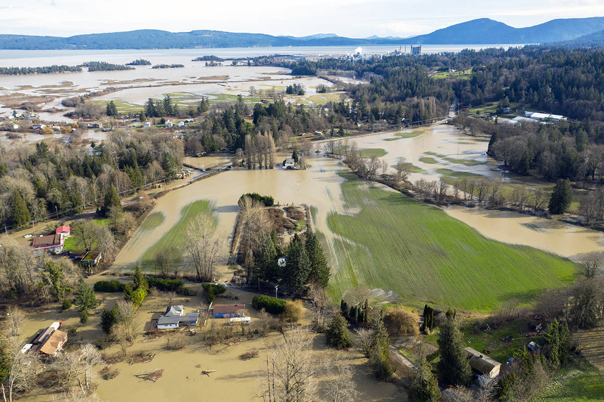 An aerial photo shows severe flooding from the Chemainus River in Halalt First Nation territory after a heavy rainfall on Jan 31, 2020.