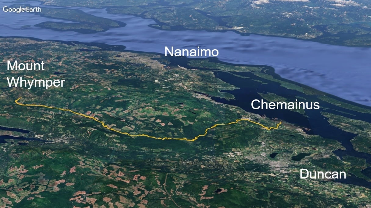 A Google Earth screengrab shows the length of the Chemainus River, from the flanks of Mount Whymper to the eastern coast of Vancouver Island.