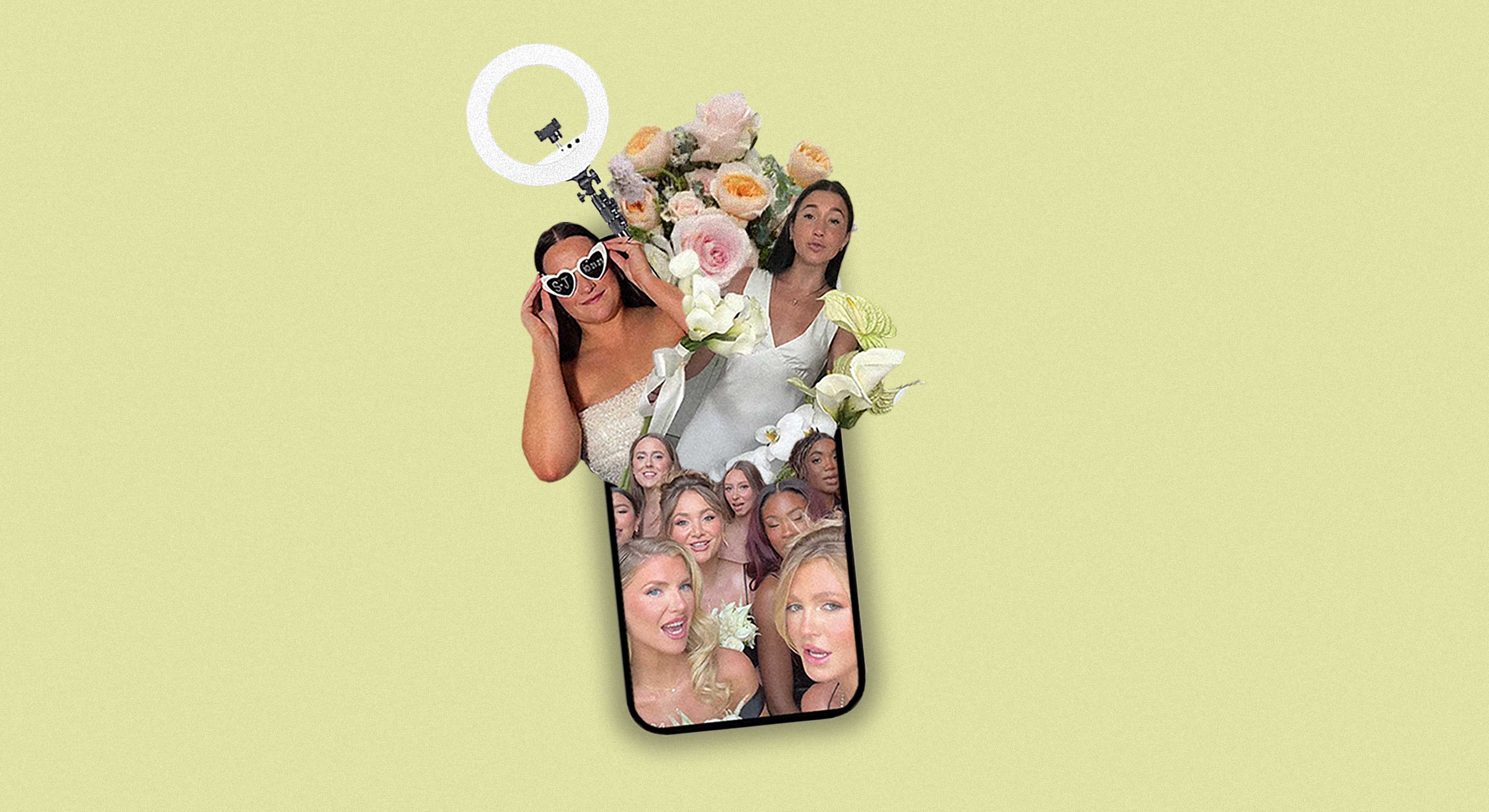 An iPhone bursts with TikTok content creators in bridal and bridal party attire looking into the camera. One presents a bouquet of flowers, another sports a pair of aviators with the words "S+J" and a date written on the lenses. Also emerging from the phone is a ring light and another large bouquet of flowers. All on a light green background. 