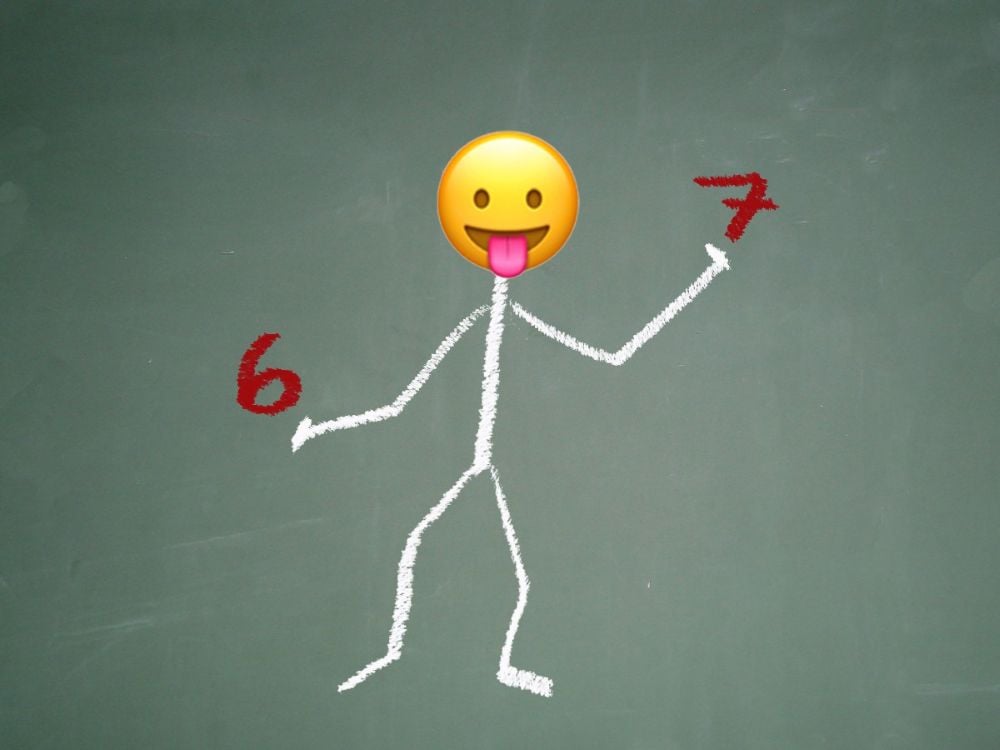 A digital collage features a stick figure drawn in chalk against a green background similar to a chalkboard. In place of the face is a yellow emoji with its tongue sticking out. The figure is juggling the hand-drawn red numerals “6” and “7.”