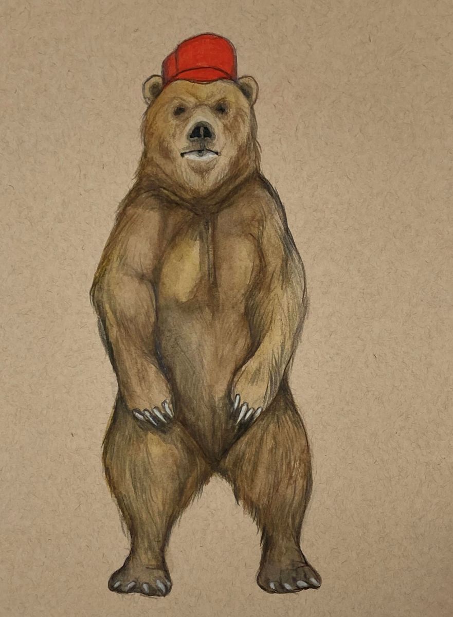 A brown bear stands on its hind legs wearing a red ball cap in a watercolour illustration on brown textured paper.