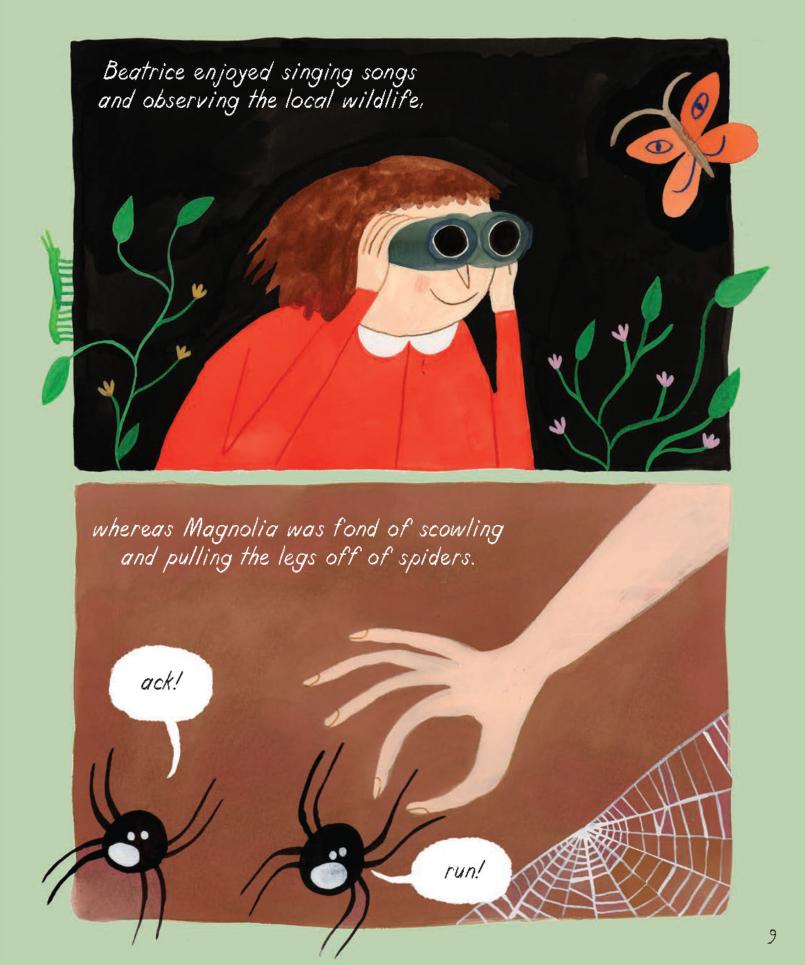 An excerpt from a two-panel graphic novel page features, at top, a girl in a red sweater looking through binoculars, and at bottom, two spiders whose legs her sister says is fond of pulling out.