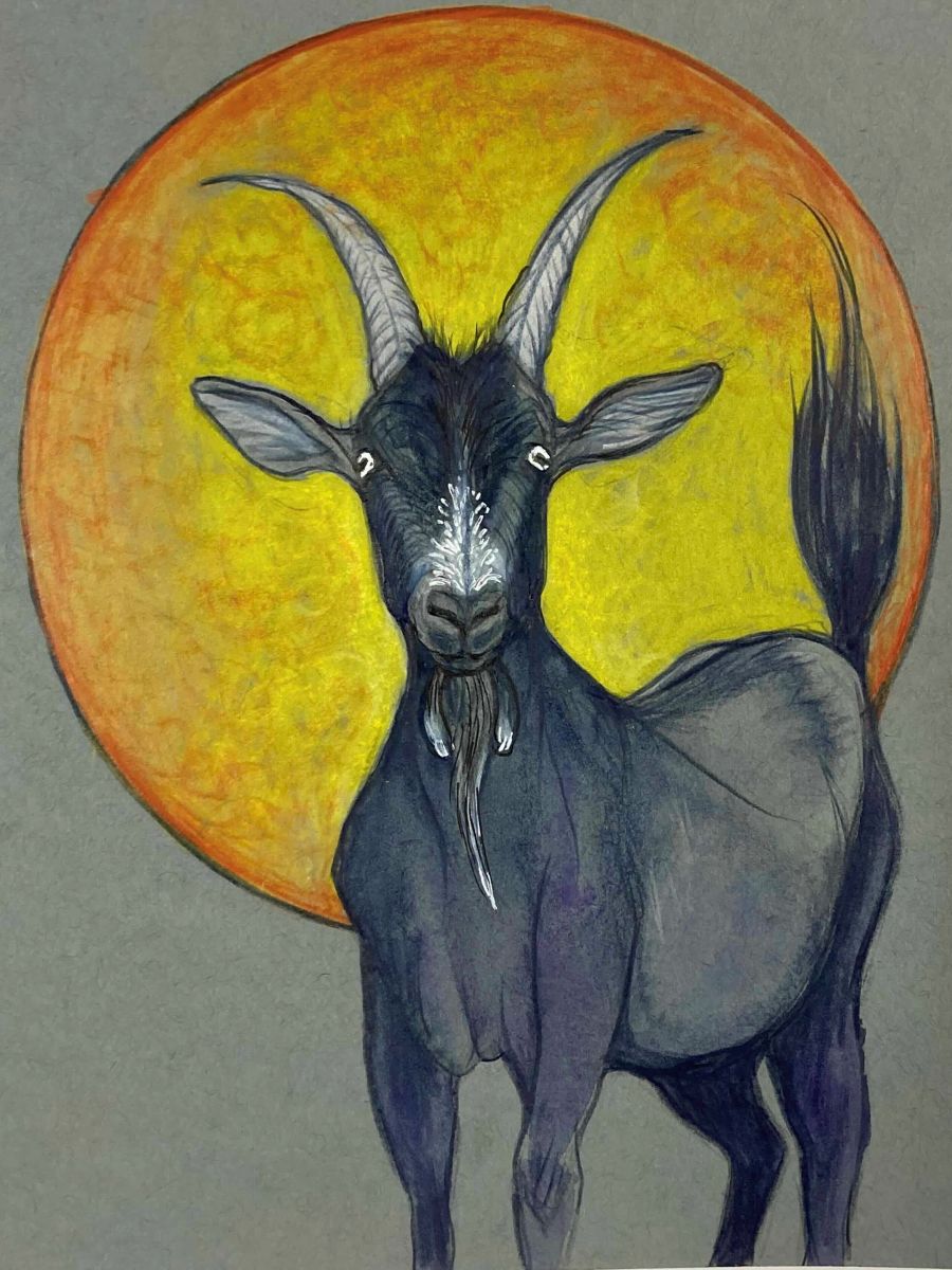 A dark grey goat stands against an ominous-looking yellow and orange harvest moon in a watercolour illustration on grey paper.