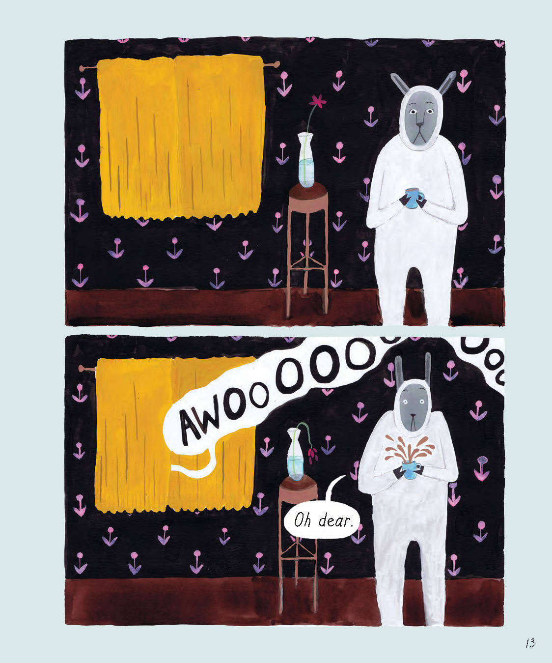 A page from a graphic novel depicts a grey animal in a white sheep costume hearing spooky sounds from outside their door. They try to calm themselves with a cup of tea.