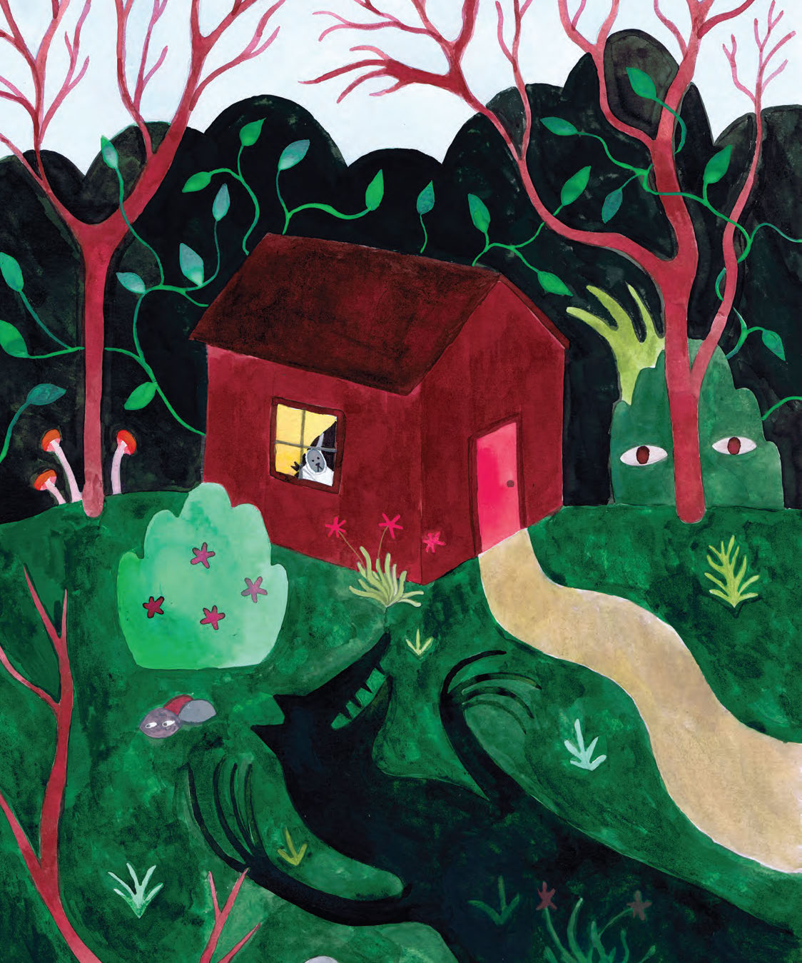 An illustration depicts a shadow of a wolf against the front lawn of a small house in a forest where a grey animal in a sheep suit is looking outside, frowning.