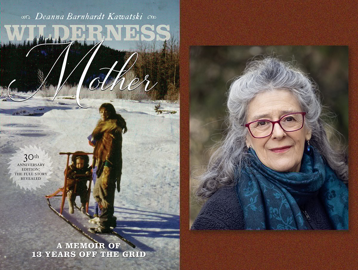A diptych. On the left, the cover of “Wilderness Mother.” On the right, Deanna Barnhardt Kawatski, who has light skin tone and long, wavy silver grey hair. She is wearing a blue scarf.