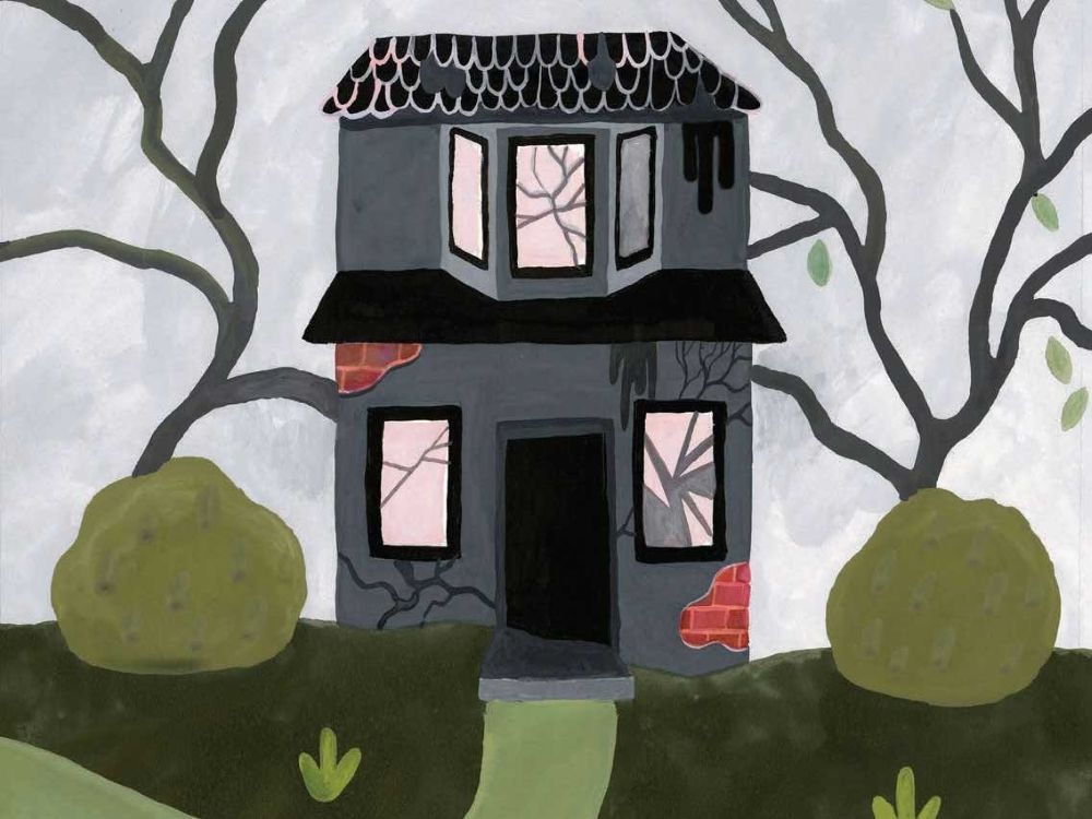 An illustration of a spooky dark gray house with cracks in the upper and lower windows against a grey sky. Branches frame the house and there are short green bushes and shrubs on the front lawn.