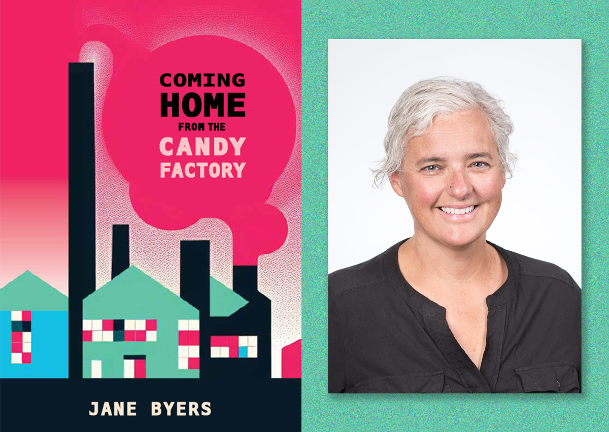 A diptych shows the cover of Coming Home from the Candy Factory on the left, and a photo of Jane Byers on the right. Jane Byers has light skin tone and short silver grey hair. 