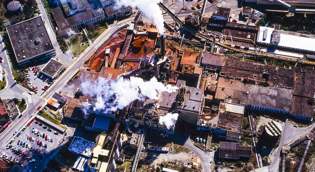 An aerial image of the pulp mill in Powell River, BC, Canada.