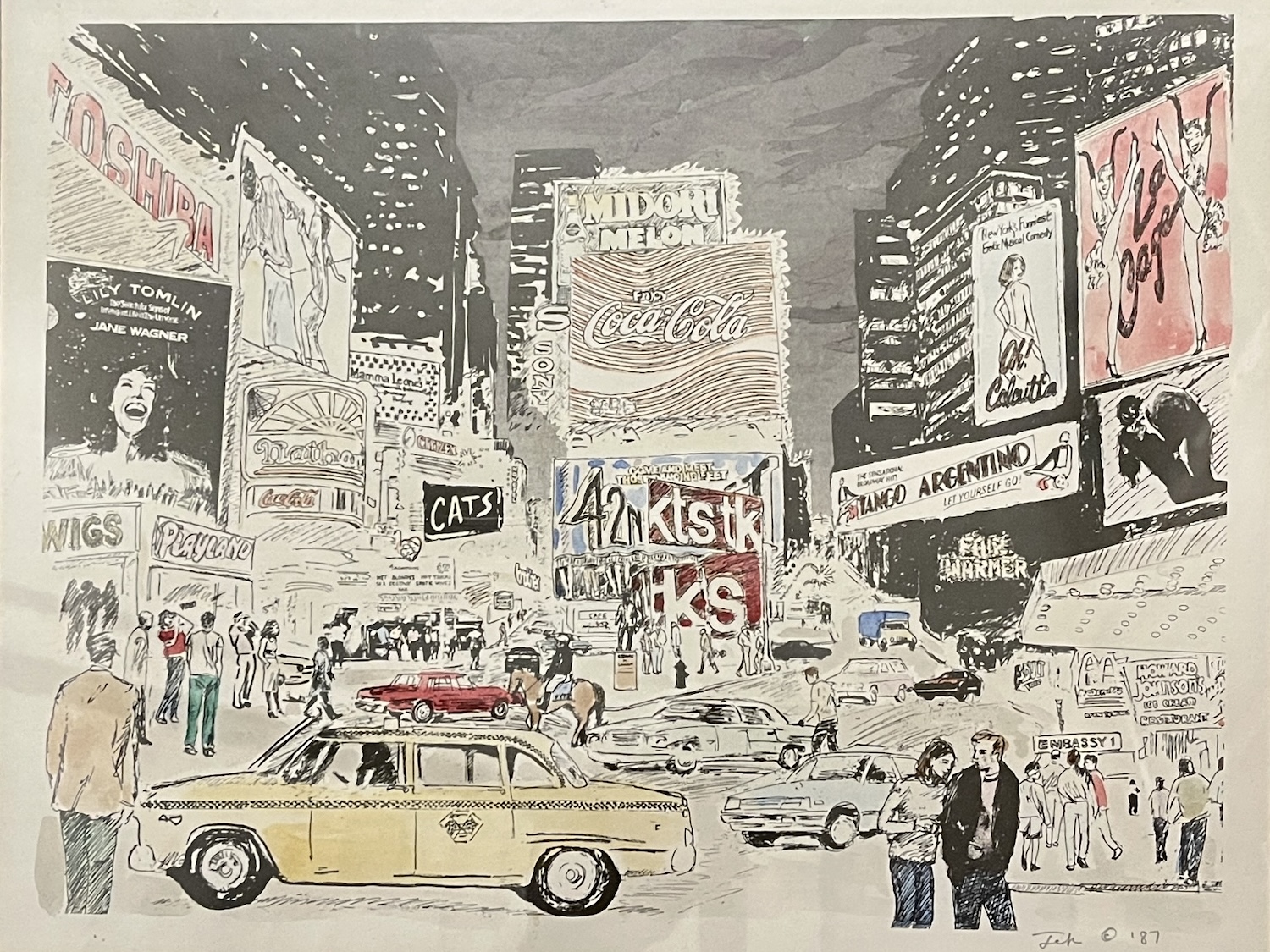 A lithograph of 42nd Street in New York City at night features billboards for a variety of theatrical productions as a yellow taxi, cars and pedestrians crowd the streets.