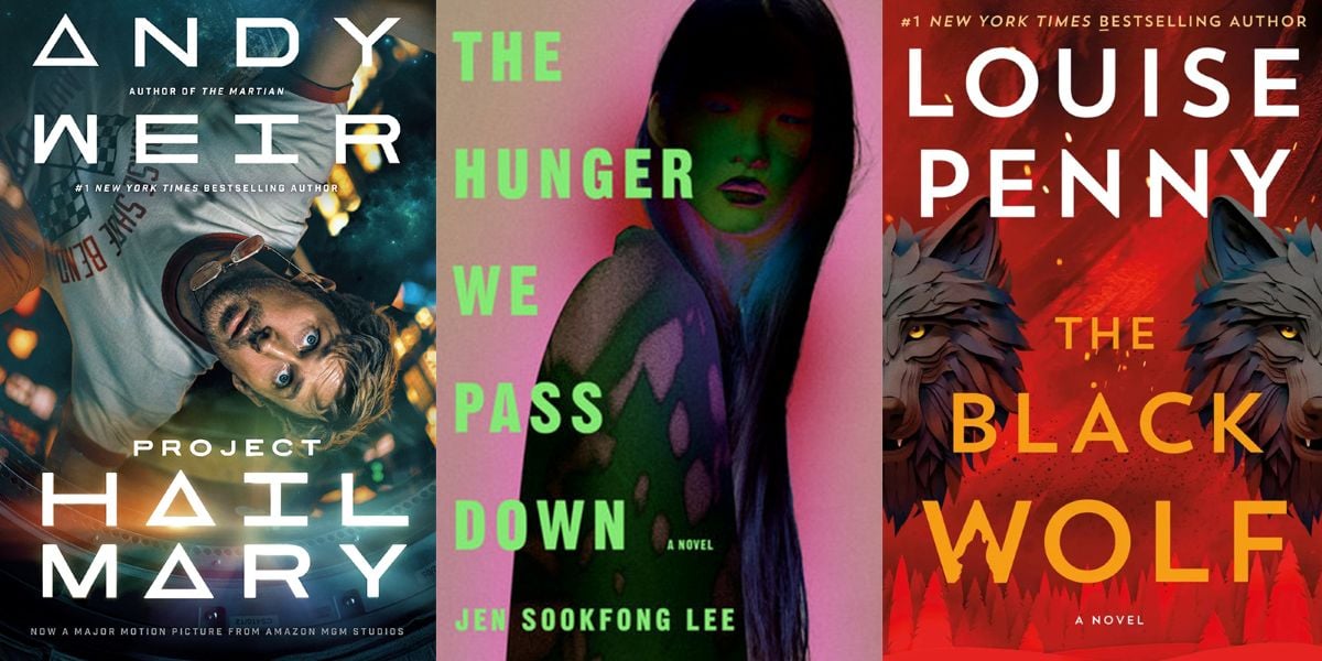 A three-panel image features book cover images. From left to right, “Project Hail Mary”; “The Hunger We Pass Down”; and “The Black Wolf.” All covers feature colourful digital artwork.