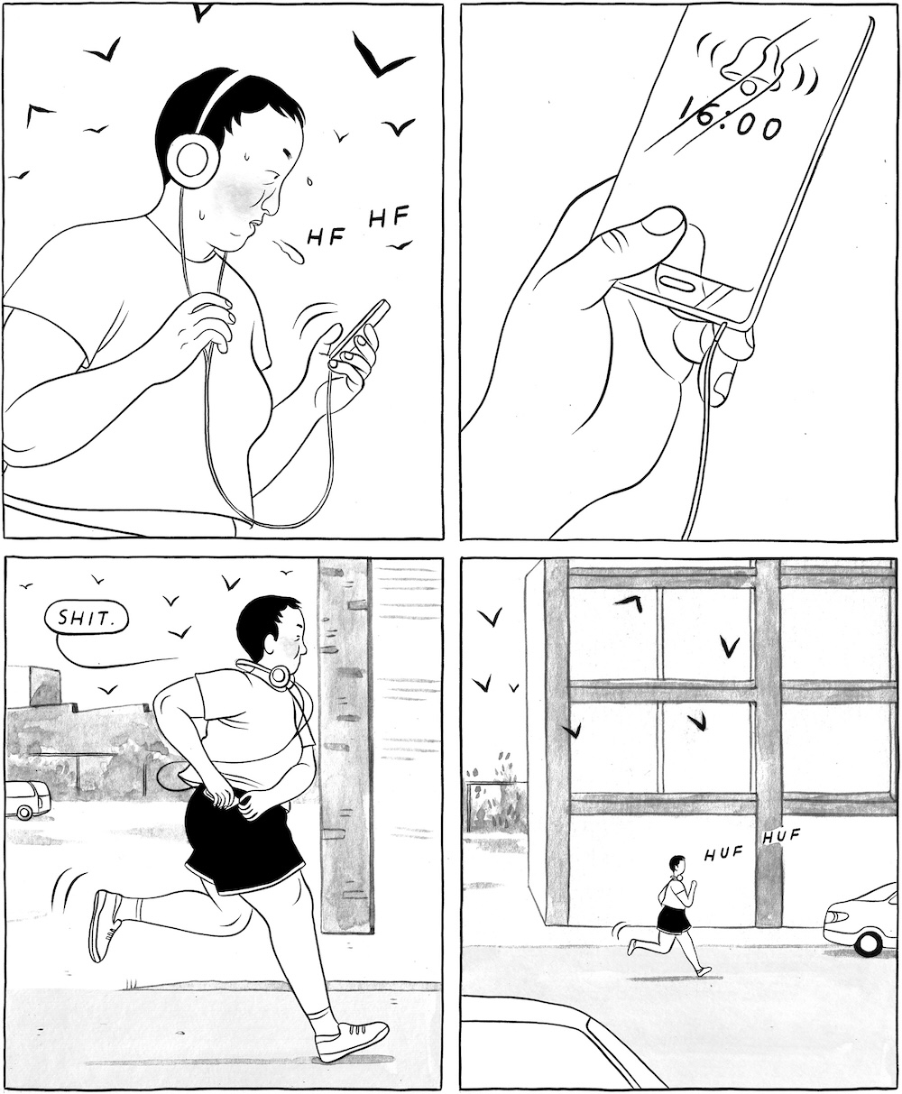 A four-panel black and white graphic novel image depicts a jogger huffing and puffing through the streets of Montreal until their phone alarm goes off at 16:00, prompting them to rush home.