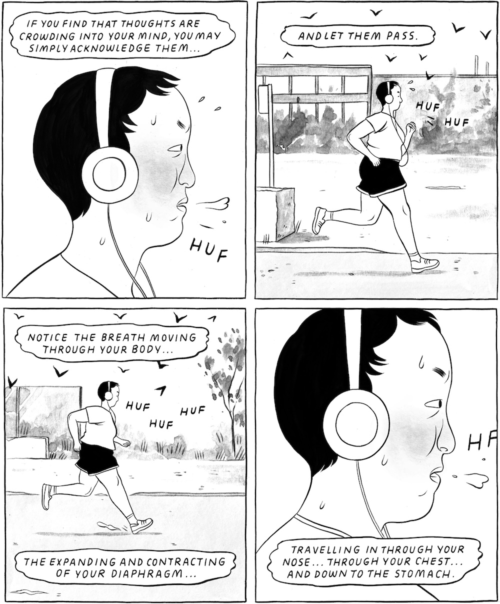 A four-panel black and white graphic novel excerpt depicts a runner listening to a meditation app while they are jogging.
