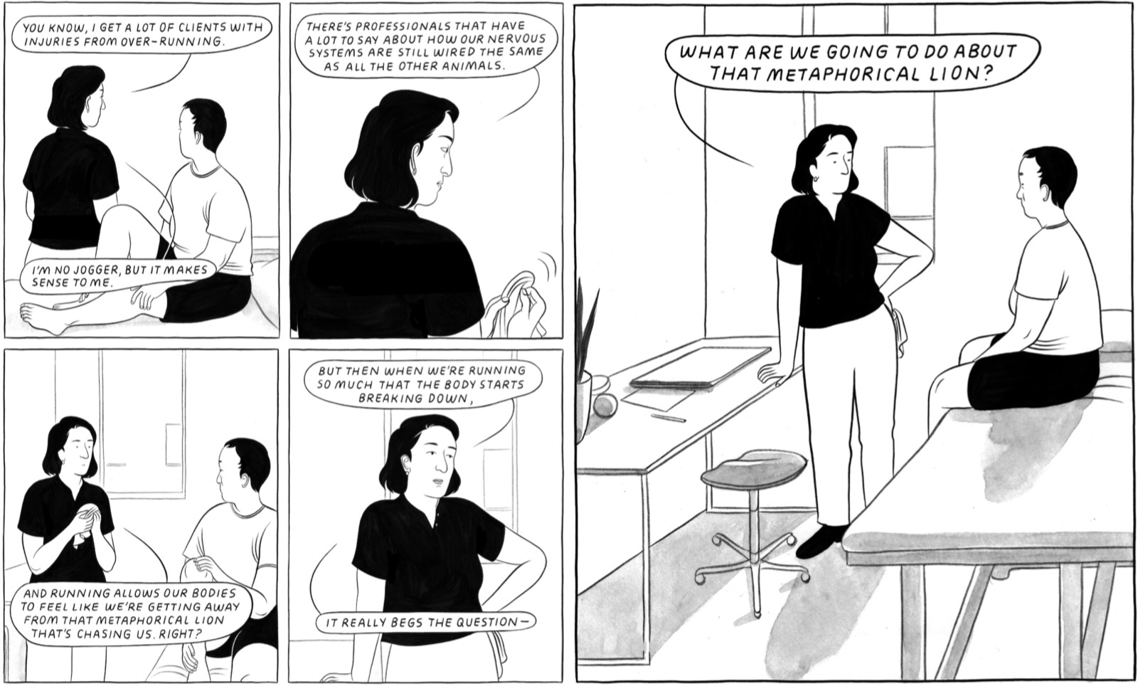 Black and white panels from a graphic novel depict a person sitting on a table in a physiotherapist&rsquo;s office while they talk about over-running and why people do it.
