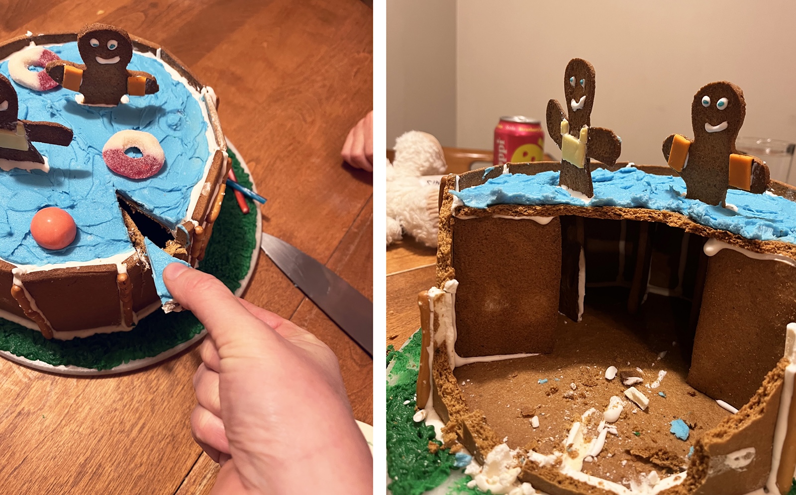A diptych. On the left, a hand reaches out to grab a triangle of iced gingerbread. On the right, the gingerbread pool has been partially dismantled and eaten.