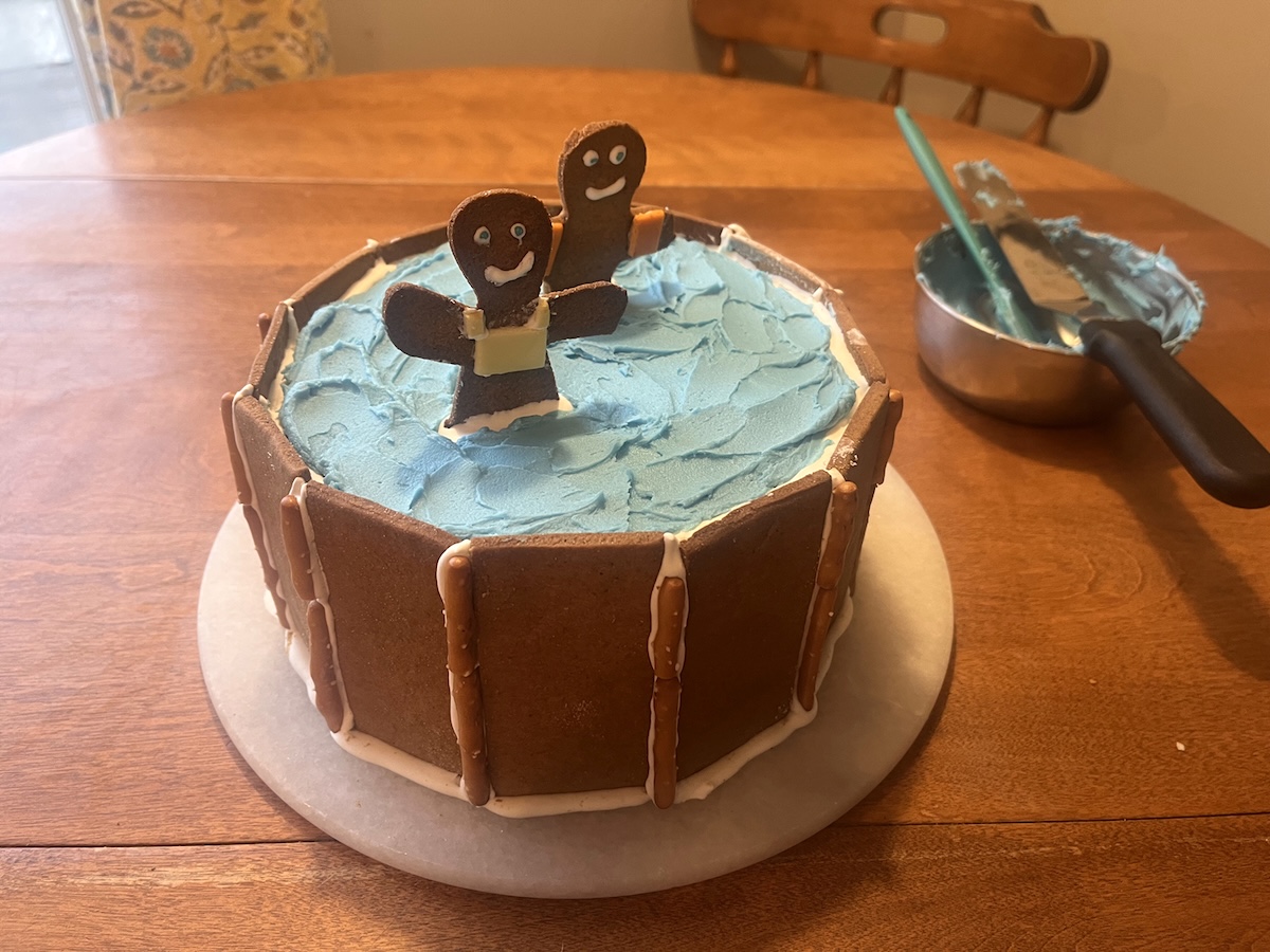 A partially iced gingerbread pool. 